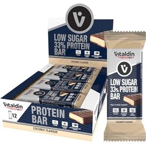 VITALDIN SPORT Low Sugar 33% Protein Bar Coco - Barrette Proteiche Senza Zucchero - 12u x 45g - Barrette Energetiche Pesoforma - Proteine Vegane - Contribuisce alla crescita dei tuoi muscoli.