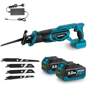 Yofidra Sega a Gattuccio Batteria, 3000 RPM, Sega a Gattuccio con 2 Batterie da 3,0 Ah, Lunghezza Della Corsa Di 40 mm, 4 Lame, Luce LED, Seghetto Alternativo per Tagliare Legno, Metallo, PVC