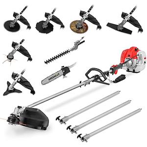 GREENCUT GM650X-9 - Decespugliatore multifunzione 9 in 1, motore a benzina a 2 tempi da 65cc 4,9 CV, 9 accessori, funzione decespugliatore + potatore + tagliasiepi