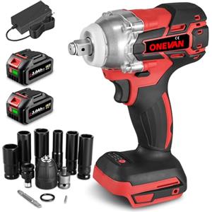 ONEVAN avvitatore a impulsi a batteria, 300 N.m chiave a percussione senza fili con 2 batteria da 3.0Ah e 6 bussole, 1/2" pistola a impulsi, senza spazzole, funzione avanti/indietro