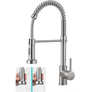 SkyPanda - Rubinetto da cucina, girevole a 360°, con doccetta estraibile, materiale in rame, miscelatore con spruzzatore a doppia funzione, H, colore argento spazzolato