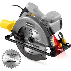 Enventor Sega Circolare con Guida 1400W, Sega Circolare per Legno 6000RPM, Profondità di Taglio 62mm(90°), 48mm(45°), Lama 185mm(24T), Motore in Rame Puro, Ideale per Tagliare il Legno