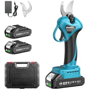 SEESII Forbici Potatura a Batteria, 33mm Forbici Potatura Elettriche con 21V 2x2000mAh Batteria, Motore Brushless, Cesoie per Giardino Albero da Frutta Delle Viti