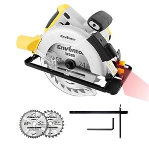 Enventor Sega Circolare 1200W, Sega Circolare per Legno 5800RPM, 2 Lame 24T+40T(Ø185mm), Taglio 62mm(90°)/42mm(45°), Guida Laser, Motore Di Rame Puro, per Tagliare Legno, Plastica