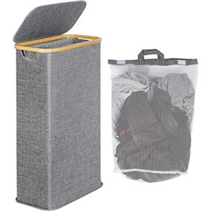 efluky Cesto Portabiancheria Sottile 63L, Cesta Portabiancheria Stretto con Coperchio, Cesto per la Biancheria Pieghevole Grigio-Blu con Manici in Bambù e Borsa Rimovibile per Camera da Letto, Bagno