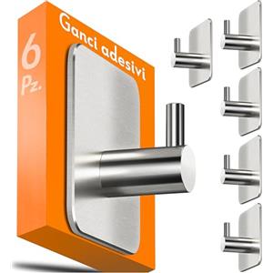 4smile ganci adesivi acciaio inox - SET 6 porta asciugamani autoadesivo bagno antiruggine, appendini accappatoio bagno, argento