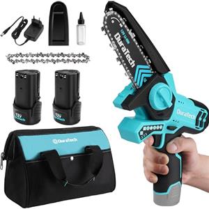 DURATECH Mini Motosega a Batteria da 12 V, con 2 Batterie da 2,0 Ah, 2 Catene, Mini Seghe a Catena Elettrica per Taglio del Legno, Potatura Giardino