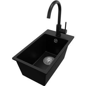 PRIMAGRAN Lavandino da Cucina Nero 28x50cm, Lavello in Granito a 1 vasca + Rubinetto 32x20cm + Sifone Classico, Lavabo Incasso al mobile 30cm - Riga S060