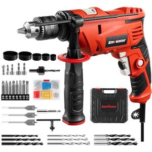 Enventor Trapano a Percussione 900W, Trapano Elettrico a Filo con 37 Accessori, Funzione 2 in 1, 0-3000RPM, Impugnatura Ausiliaria a 360°, Mandrino da 13MM, per Calcestruzzo, Metallo e Legno