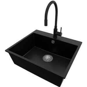 PRIMAGRAN Lavandino da Cucina Nero 58x50cm, Lavello in Granito a 1 vasca + Rubinetto 40x38cm + Sifone Classico, Lavabo Incasso al mobile 60cm - Riga S188