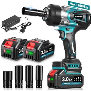 Yofidra Avvitatore a Impulsi Senza Filo 1700Nm, 1/2" Avvitatore a Batteria con 2 x 3000mAh, 3 Velocità, Luce LED, 4 Bussole, Avvitatore Elettrico a Impulsi Adatto per Auto Familiare/Pickup/Tosaerba