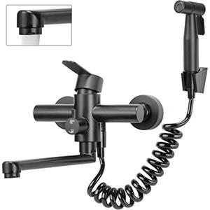 Hausharbor Rubinetto per Cucina a Muro, Rubinetto da Muro con Doccetta, Miscelatore Caldo e Freddo Girevole a 360°, Tubo Rotante 23cm, Nero