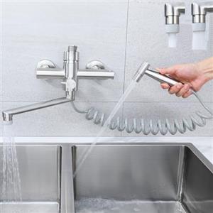 SkyPanda Rubinetto da cucina, montaggio a parete, rubinetto da cucina con pistola a spruzzo, girevole a 360°, tubo girevole 23 cm, caldo e freddo, 4 modalità di funzionamento, nichel spazzolato 304