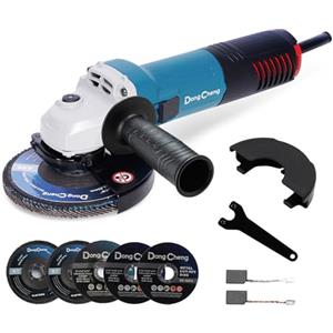 Dong Cheng DongCheng Smerigliatrice Angolare 800W, Ø125mm, 11800 giri/min, Copridisco Rapido, Maniglia Supplementare, Include 2 Dischi da Smeriglio, 2 a Nastro e 2 da Taglio per Lucidare e Tagliare