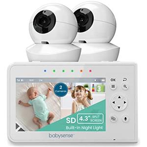 Babysense Baby Monitor Video, Schermo Diviso da 4,3" con Due Camere, Funzione PTZ, Raggio D'azione 300m (Nello Spazio Aperto), Luce Notturna Regolabile, Comunicazione Bidirezionale, Zoom, Ninne Nanne