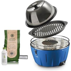 CLASSE ITALY InstaGrill | Barbecue a carbonella con Coperchio e Griglia in Ghisa. Da Balcone, Portatile. Include Batteria Ricaricabile, Carbone e Gel per accensione. PRO Blu Oceano