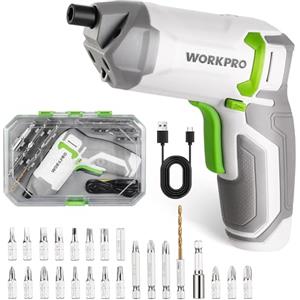 WORKPRO Avvitatore Elettrico da 3,6 V, Cacciaviti Eccentrici a Batteria da 2,0 Ah, 7 Nm, 2 Direzioni di Rotazione + Lampada LED, 24 Bit, Cavo di Ricarica USB, per Fai da Te, Bianco