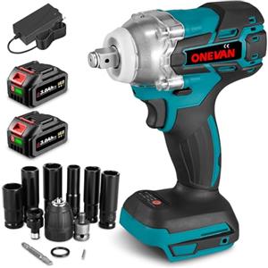 ONEVAN avvitatore a impulsi a batteria, 300 N.m chiave a percussione senza fili con 2 batteria da 3.0Ah e 6 bussole, 1/2" pistola a impulsi, senza spazzole, funzione avanti/indietro