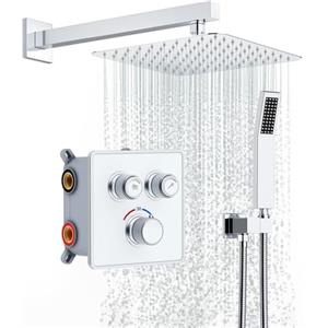 Rainsworth Set Doccia Incasso con termostato 38℃ Cromo, flusso d'acqua regolabile, Sistema Doccia Completo con Miscelatore, Soffione Doccia a Pioggia 25 * 25cm, Miscelatore da incasso in ottone