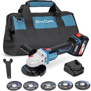 Dong Cheng DongCheng - Smerigliatrice angolare a batteria 18 V, diametro disco: 115 mm, senza spazzole, con 2 dischi abrasivi, 2 dischi lamellari, 2 dischi da taglio, dado a sgancio rapido e impugnatura