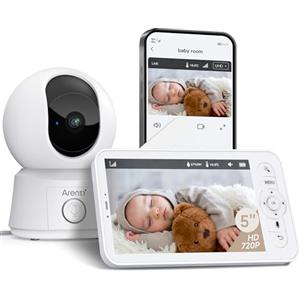 ARENTI 1080P Baby Monitor Video e Audio, Telecamera Bambini con Monitor 5'', Rilevamento di Rumore/Movimento/Zone Pericolose, Monitoraggio Temperatura, Audio Bidirezionale, Compatibile con Alexa