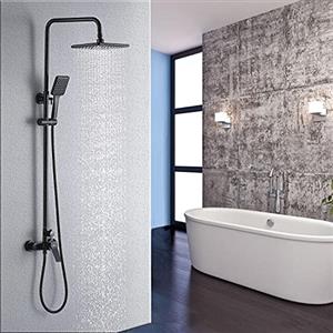 Auralum Colonna Doccia con Miscelatore, Colonna Doccia Nera Altezza Regolabile tra 0,9m-1,24m, con Soffione e Doccetta Quadrata 26x19cm