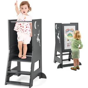 RELAX4LIFE 3 in 1 Torre Montessoriana per Bambini, Torre di Apprendimento Altezza Regolabile, Learning Tower con Lavagna Bifacciale e Piedini Antiribaltamento, per Bambini 1-7 Anni (Grigio)