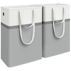 SONGMICS Set di 2 Cesti Portabiancheria, Ceste Pieghevoli, 75 L, Maniglie Corte e Lunghe, Facili da Pulire, Autoportanti, per Camera da Letto, Bagno, 40 x 30 x 65 cm, Grigio Tortora LCB208G02