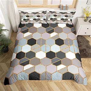 Loussiesd Copripiumino reversibile grigio per bambini, donne e adulti, set di biancheria da letto a nido d'ape, moderno geometrico con fili esagonali, in marmo con cerniera, king size