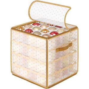 SONGMICS Contenitore per Palline di Natale, Scatola per Decorazioni Natalizie, 64 Posti da 7,6 cm, Vassoi Rimovibili, 33,5 x 33,5 x 34 cm, Dorato Sabbioso RFB029A03