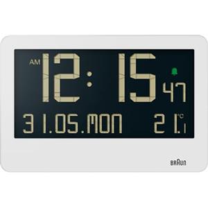 Braun Orologio da parete digitale temperatura interna, data, giorno della settimana, ampio display LCD inverso, impostazione rapida, allarme acustico in bianco, modello BC14W.