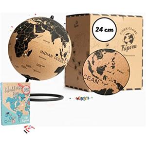 TRIPVEA® Mappamondo vintage in sughero + 342 bandierine adesive da piantare - Mappamondo decorativo a tema viaggio - Idea regalo ideale per l'ufficio o per il bambino - Dimensioni = 24 cm