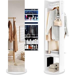 COSTWAY Armadio Portagioie da Terra Girevole a 360°, Appendiabiti con Specchio, Attaccapanni e Luci LED a 3 Colori, Specchio Contenitore Multiuso, 50 x 50 x 166,5 cm