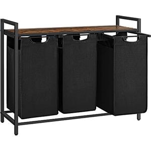 VASAGLE Cesto Portabiancheria, Porta Biancheria, 3 Sacchi in Tessuto Rimovibili, Piano d'Appoggio, Metallo, 3 x 40 L, 92,5 x 33 x 72 cm, Nero Inchiostro e Marrone Vintage BLH301B01