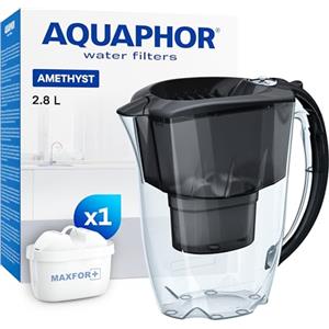 AQUAPHOR Amethyst Caraffa Filtrante per Acqua con 1 Cartucce MAXFOR+ 200L - 2,8L - Nera