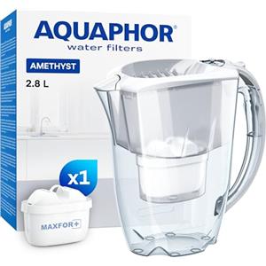 AQUAPHOR Amethyst Caraffa Filtrante per Acqua con 1 Cartucce MAXFOR+ 200L - 2,8L - Bianca