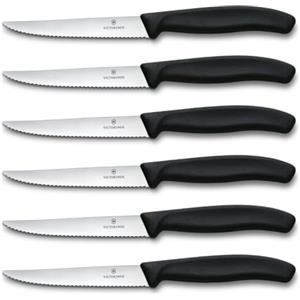 Victorinox Set di Coltelli Bistecca e Pizza Professionali Swiss Classic, 6 Pezzi, Coltelli da Tavola, Lame Affilate Ondulate, 11 cm, Manici in Plastica, Nero