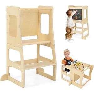 RELAX4LIFE 3 in 1 Torre Montessoriana per Bambini, Torre di Apprendimento Pieghevole, Learning Tower con Lavagna, Convertibile in Tavolo+Sedia per Bambini 3+ Anni