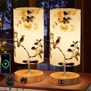 GPATIO 2 Pezzi Abat Jour da Comodino Moderne, Lampada da Comodino con Controllo Touch, Stampato Paralume Lampada da Tavolo Dimmerabile con Porte di Ricarica 2 USB per Camera Letto, Lettura, Soggiorno