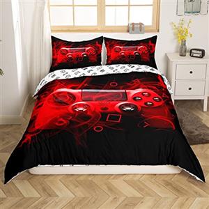 Homemissing Set di biancheria da letto per bambini con copripiumino e copripiumino per ragazzi e ragazze, con controller per videogiochi, con cerniera, colore rosso e nero, per letto matrimoniale