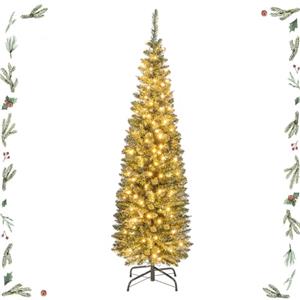 GYMAX Albero di Natale Slim, con 150/180 / 200 Luci a LED, 296/390 / 499 Rami, Folto e Realistico, Base Pieghevole in Metallo, Montaggio Facile, Verde (150 cm)