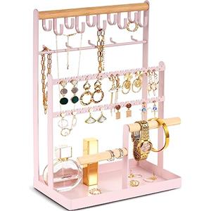 Procase Porta Gioielli da Tavolo Porta Collane da Appendere Porta Orecchini da Appendere Porta Orecchini Espositore a 5 Livelli con 15 Ganci Esposizione per Gioielli a Forma di Torre- Rosa
