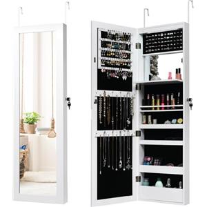 RELAX4LIFE Armadietto Portagioie da Parete/da Porta, Specchio Portagioie con Luci LED, Specchiera Portagioielli con Serratura, Organizzatore per Gioielli e Accessori (con Luci,Bianco)