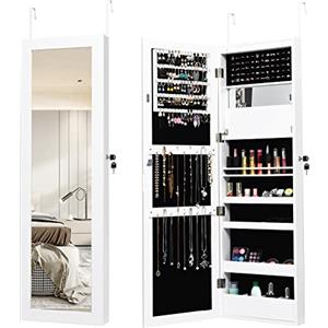 COSTWAY Armadietto Portagioie a Parete, Specchio Portagioie con 12 Luci LED, con Specchio a Figura Intera, Organizer per Gioielli a Muro, 37×9×119 cm (Bianco)