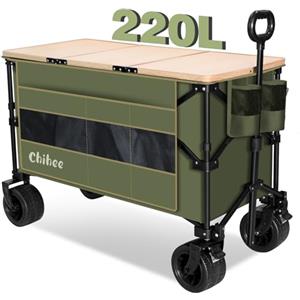 Chihee All'aperto Carrello da spiaggia,Carrello da spiaggia pieghevole Grande capacità 220L,Portatile Carro Ruote per tutti i terreni con tasca sovradimensionata 1 tavolo pieghevole 2 portabevande