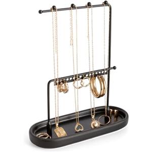 KOOK TIME Espositore gioielli | porta collane da appendere | porta orecchini organizer | con vassoio in ceramica per anelli, bracciali e altri piccoli gioielli | 17.5x7x22 cm Colore: nero opaco