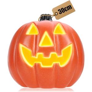 com-four® Zucca con illuminazione LED & timer (6h acceso/18h spento) - decorazione di Halloween XXL per ingresso & finestra - zucca gigante in plastica (arancione - XXL con timer)