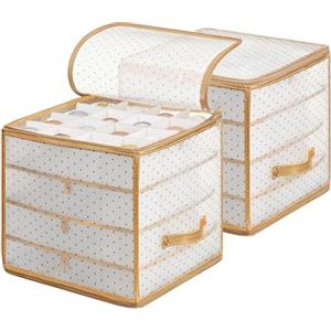 SONGMICS Contenitori per Palline di Natale, Scatole per Decorazioni Natalizie, Set di 2, 128 Posti da 7,6 cm, Vassoi Rimovibili, 33,5 x 33,5 x 34 cm, Dorato Sabbioso RFB029A02