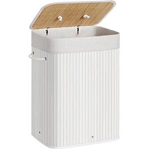 SONGMICS Cesta Portabiancheria con Coperchio, 72 L, Cesto Porta Biancheria in Bambù, Pieghevole, Sacco Rimovibile e Lavabile in Lavatrice, Maniglie, Lavanderia Camera, Bianco LCB010W01