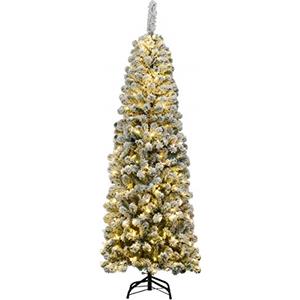 COSTWAY Albero di Natale Slim 135/180/225 cm, Albero di Natale Innevato con 150/250/350 Luci LED, 242/500/641 Rami e Base di Metallo, Decorazione Natalizia per Casa e Negozio (180 CM)
